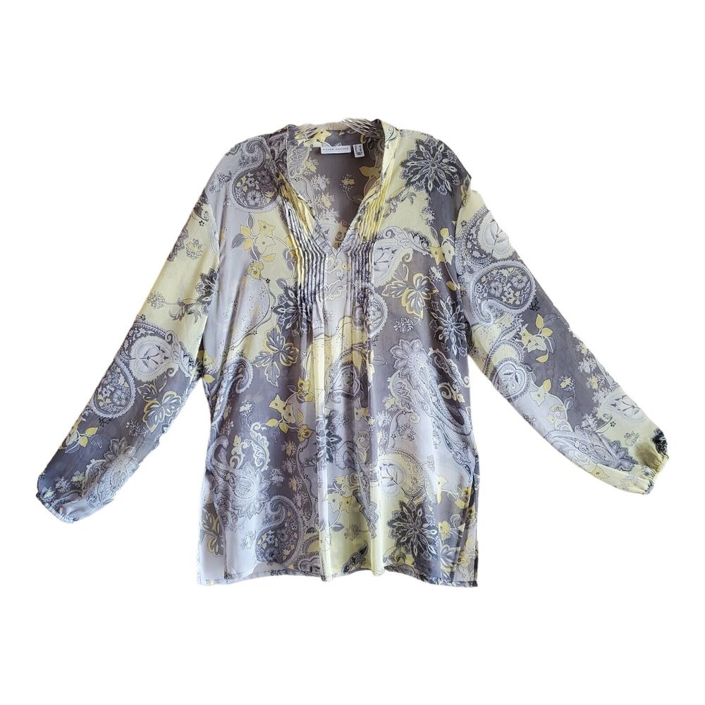 SUSAN GRAVER Women's L Tunic Blouse Semi Sheer Yellow Gray Pintuck Pleats 44"
